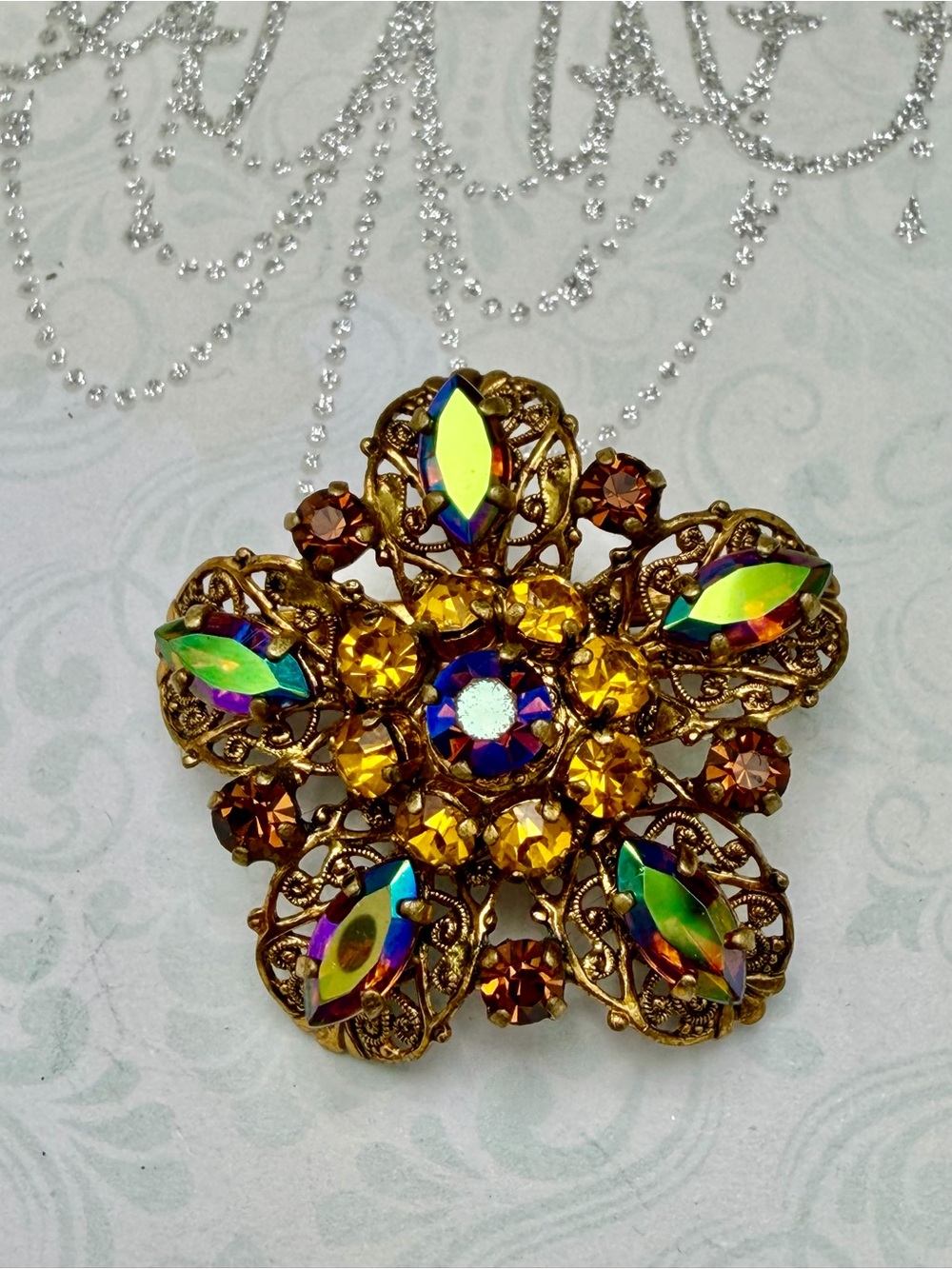 Vintage Austrian Flower Brooch with Yellow and Aurora Borealis #cz610